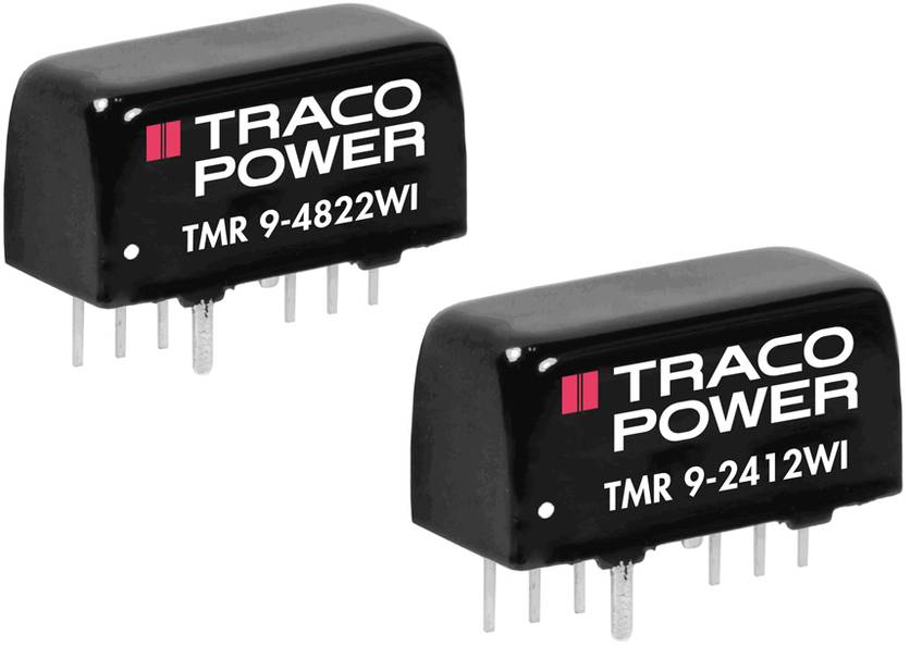 Deux modules d'alimentation Traco Power noirs portant les inscriptions 'TMR 9-4822WI' et 'TMR 9-2412WI', chacun équipé de plusieurs broches métalliques en bas.