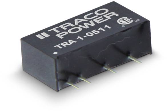 Un convertisseur de tension Traco Power noir de modèle 'TRA 1-0511'. Il dispose de trois broches métalliques pour l'installation sur un circuit imprimé.