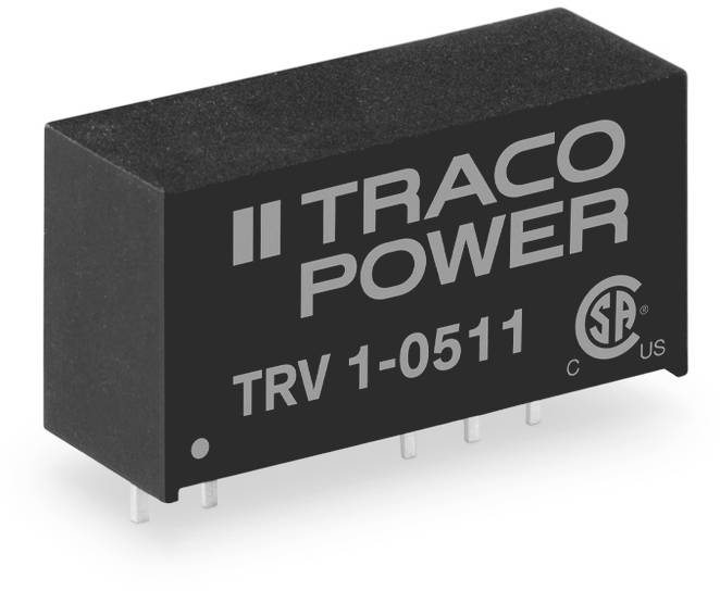 Composant électronique noir de 'TRACO POWER' avec la désignation de modèle 'TRV 1-0511'. Six broches de connexion sont visibles.