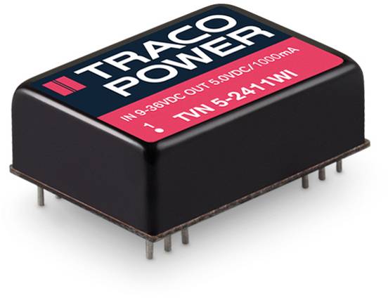 Un composant électronique noir portant l'inscription 'TRACO POWER'. Numéro de modèle 'TWN 5-2411WI'. Utilisé pour l'alimentation électrique.