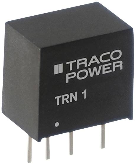 L'image montre un composant électronique noir portant l'inscription 'TRACO POWER TRN 1', équipé de quatre broches métalliques pour le montage.