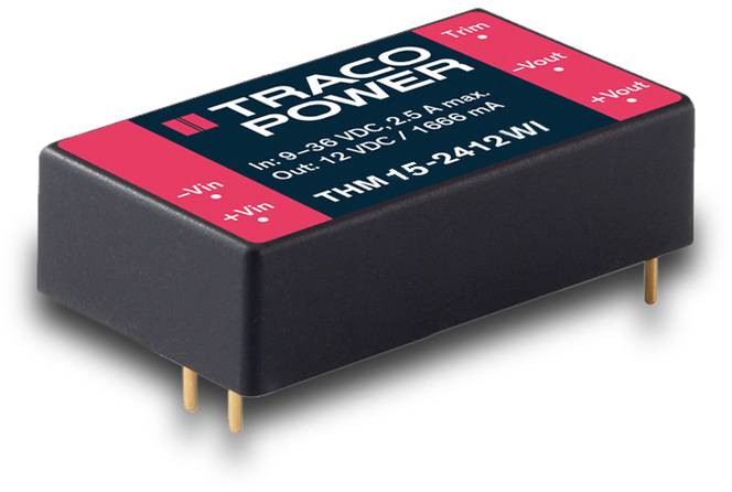 Un module électronique noir portant l'inscription 'TRACO POWER', avec des données techniques et des connexions.