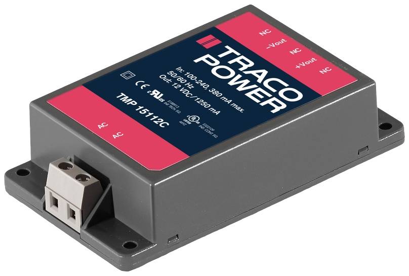 Un dispositif rectangulaire avec le logo Traco Power montre les entrées et sorties, avec les spécifications de tension : plage d'entrée 100-240 V, sortie 5 V/60 W.