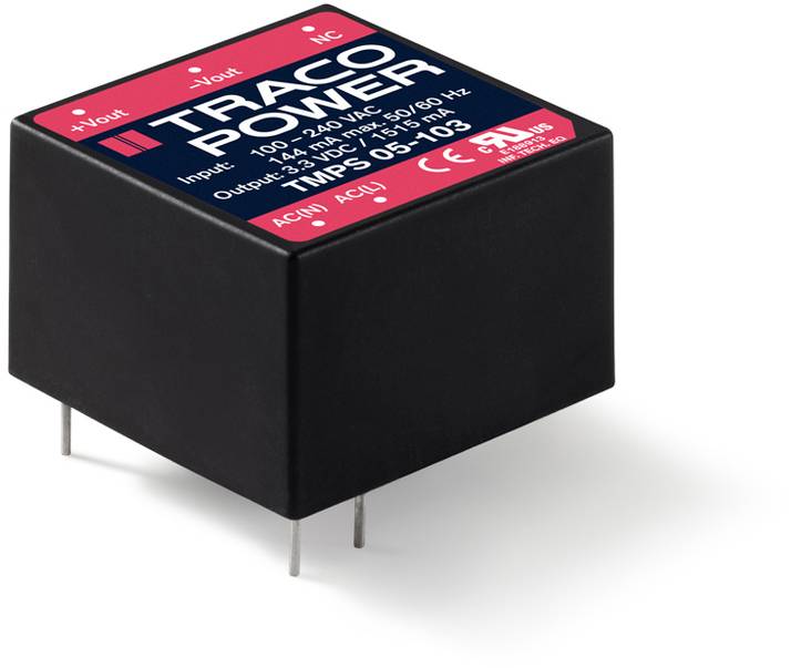 Un convertisseur Traco Power AC-DC avec une plage d'entrée de 100-240V AC et une sortie de 14VDC, 0,36A. Numéro de modèle : TMM 50114.