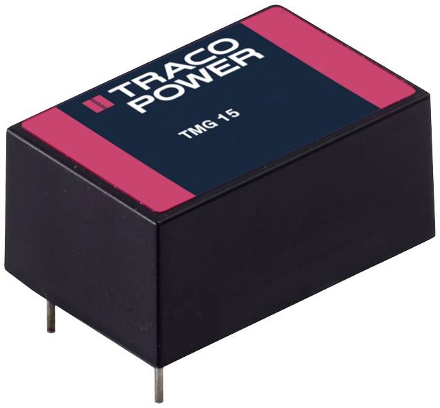 Composant électronique 'TRACO POWER TMG 15', rectangulaire, noir avec marquage rouge et bleu, montrant deux broches métalliques en bas.