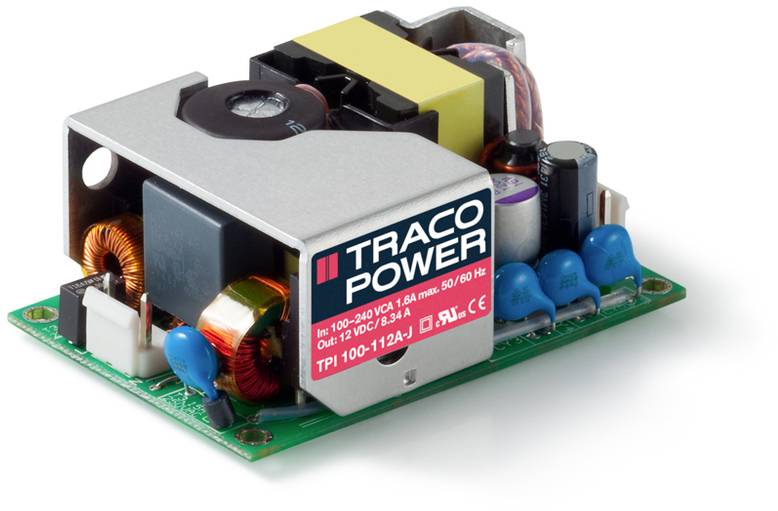 Petit bloc d'alimentation portant l'inscription 'Traco Power', intégré sur une carte électronique, contenant plusieurs composants électroniques.