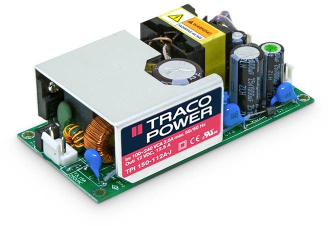 Module d'alimentation de Traco Power, modèle TPI 150-112A, monté sur un circuit imprimé. Présente des composants électroniques et une étiquette énergétique.
