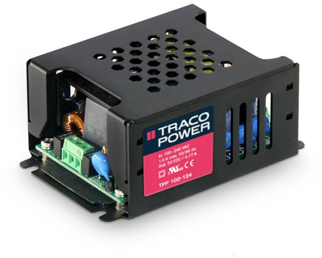 Un boîtier noir et ventilé contenant des composants électroniques, dont un grand fil de cuivre et une étiquette portant l'inscription 'TRACO POWER'.