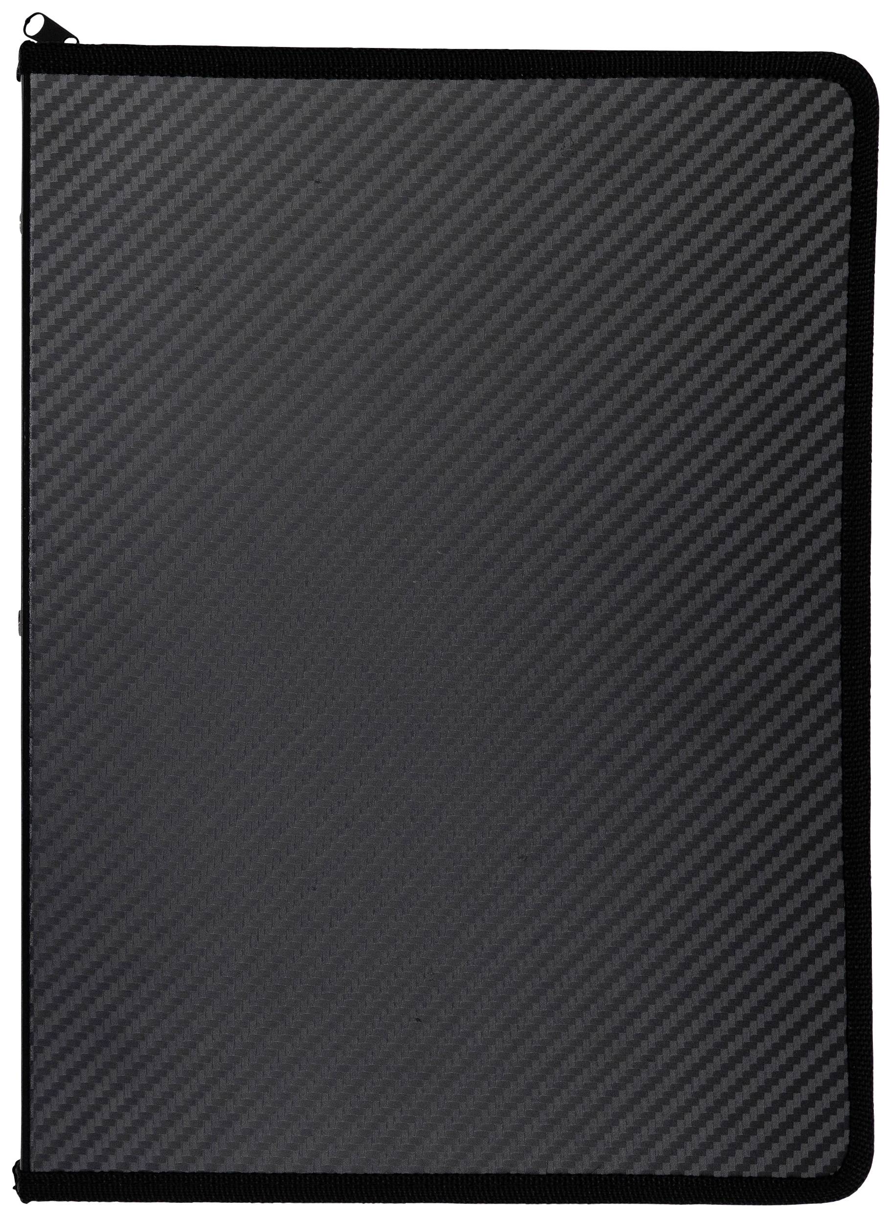 Un étui de carnet en fibre de carbone noir en vue portrait avec une fine structure de lignes diagonales.