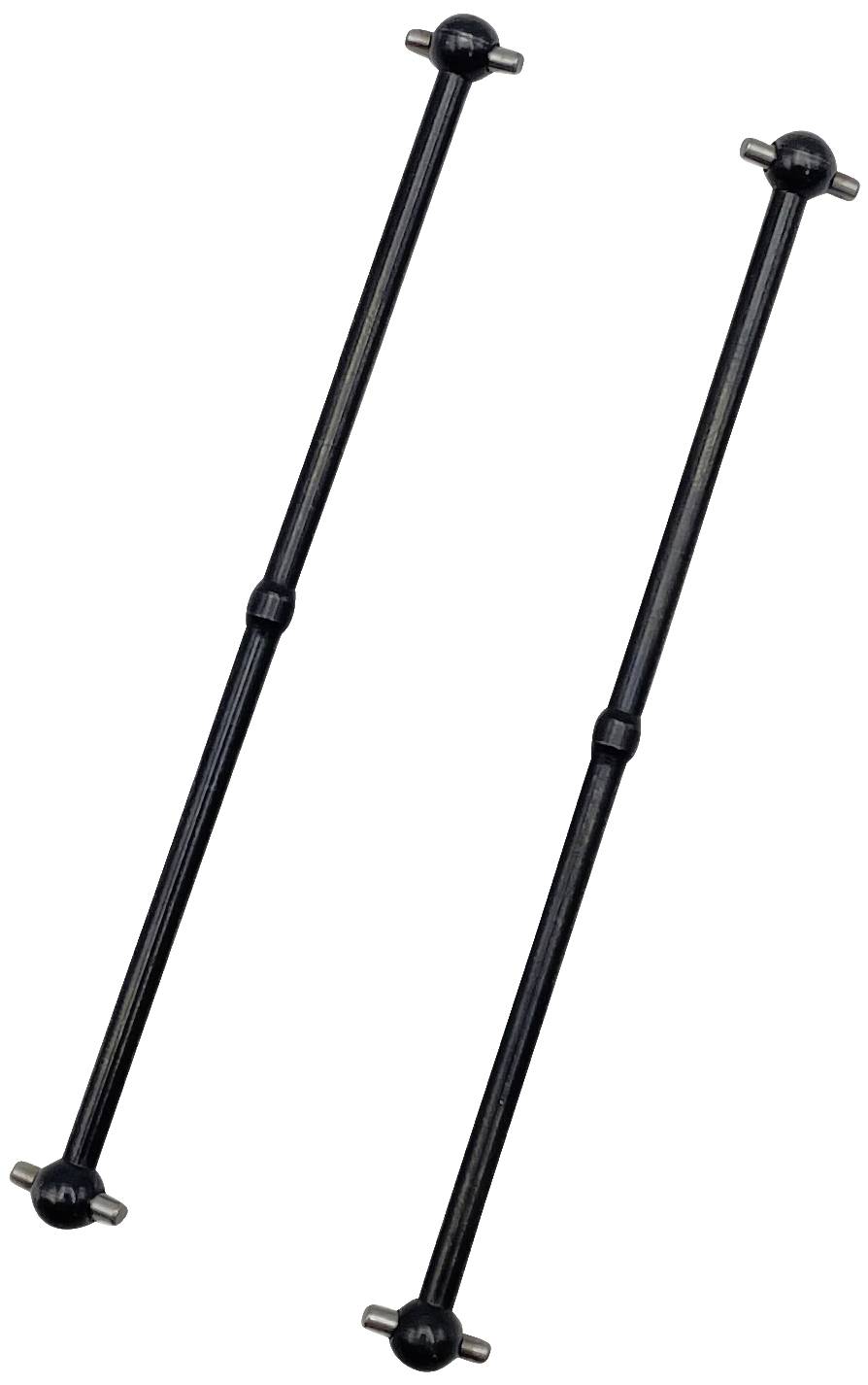Deux tiges noires droites avec des articulations sphériques à chaque extrémité, sur un fond blanc.