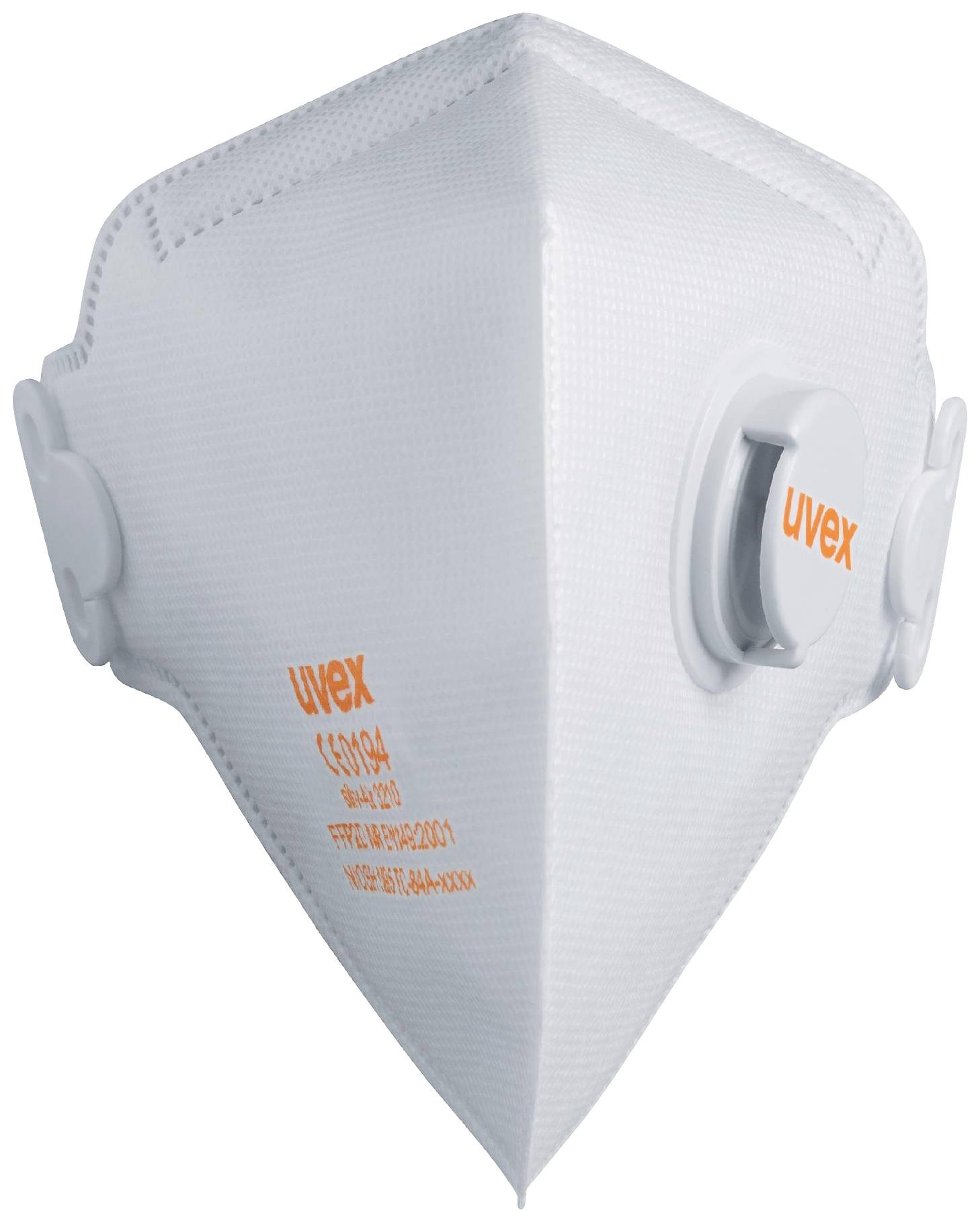 Un masque de protection blanc avec deux valves latérales et l'inscription 'uvex'.
