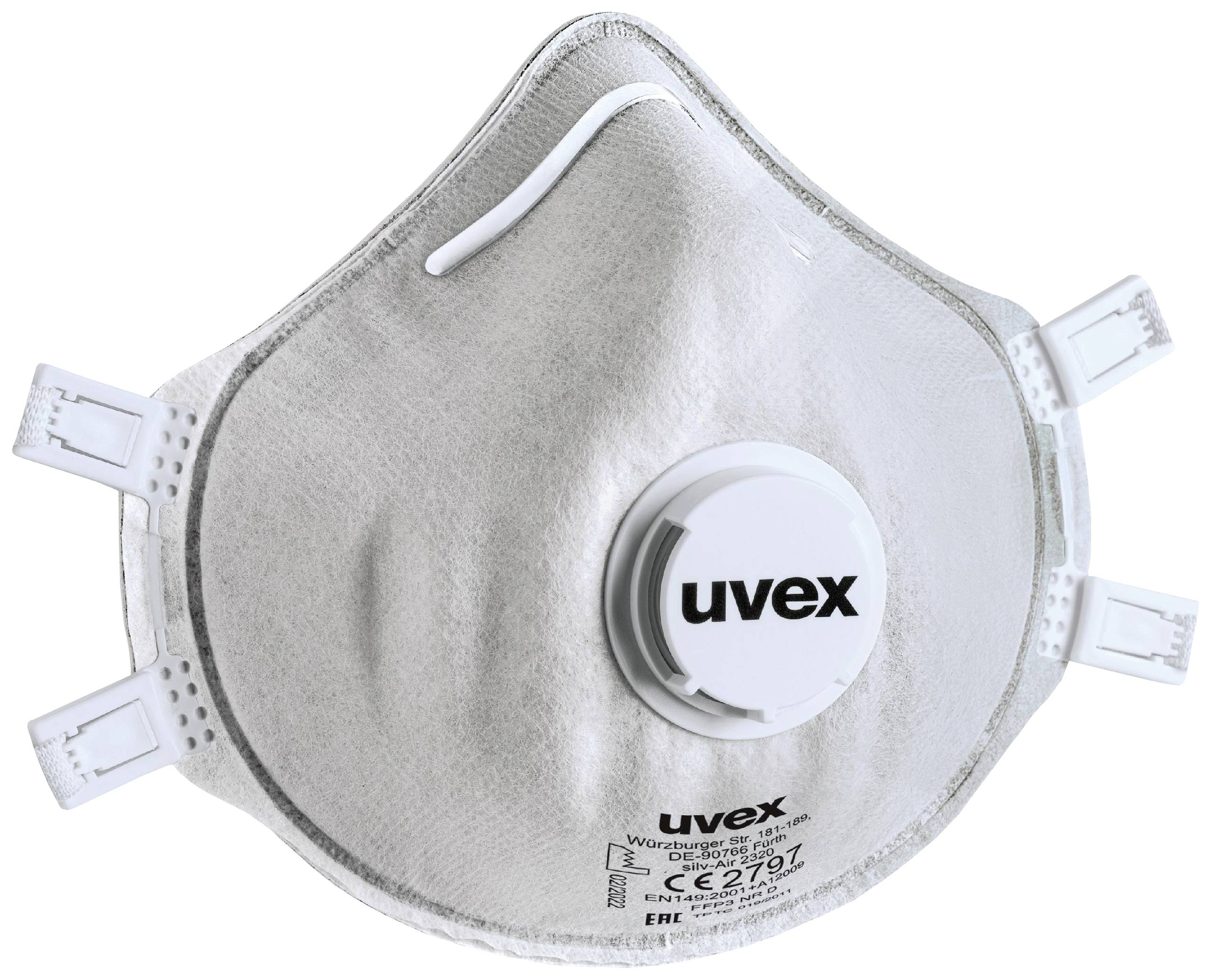 Masque de protection respiratoire blanc avec valve d'expiration et bandes élastiques. La marque 'uvex' est imprimée. Masque de protection typique pour les chantiers ou le secteur de la santé.