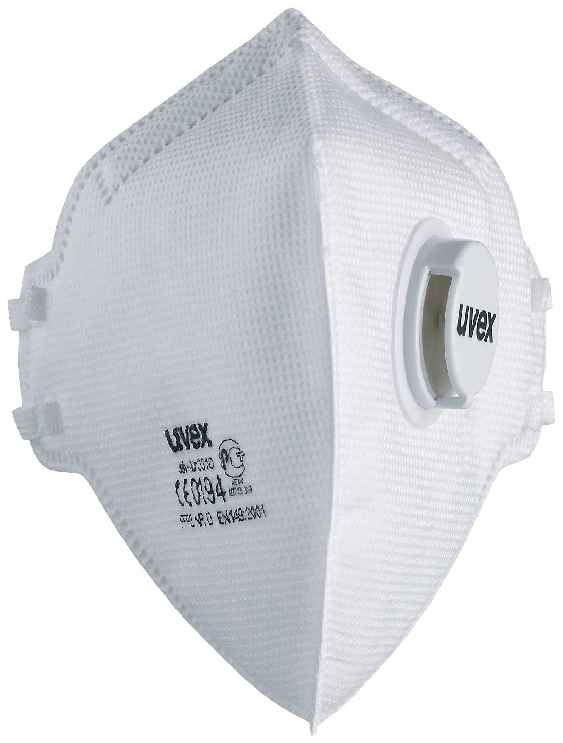Masque de protection respiratoire FFP3 blanc avec valve, vue latérale. Offre une protection élevée contre les particules et les aérosols.
