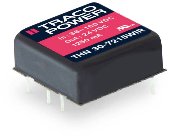 Convertisseur de tension électronique de Traco Power : Entrée 36–160 VDC, Sortie 24 VDC, 1250 mA. Modèle THN 30-7215WIR.