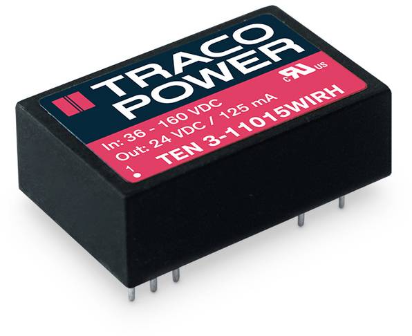 Convertisseur de tension 'Traco Power' avec plage d'entrée de 36-160 VDC et sortie 24 VDC / 125 mA. Modèle : TEN 3-11015WIRH.