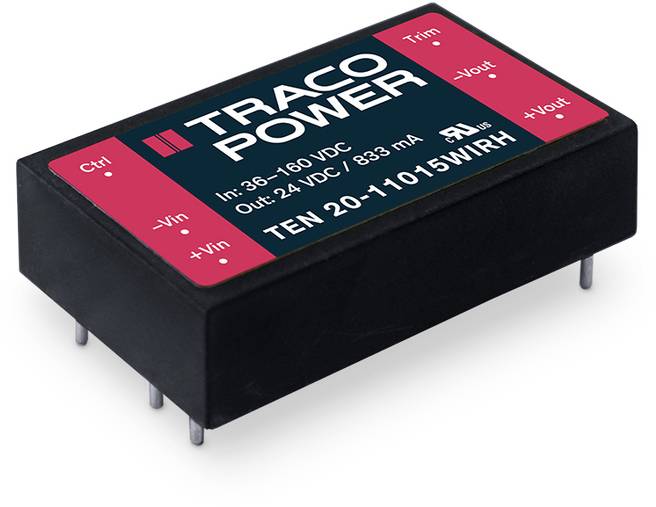 Module convertisseur de tension 'TRACO POWER' TEN 20-11015WIRH, avec entrées et sorties, adapté pour une entrée de 36-160 VDC, sortie 24 VDC à 833 mA.
