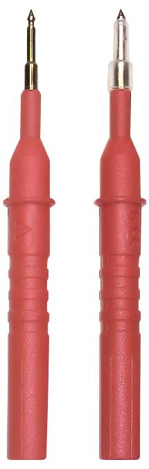 Deux pointes de test électriques rouges, utilisées pour effectuer des mesures électriques, l'une ayant une pointe protégée et l'autre étant ouverte.
