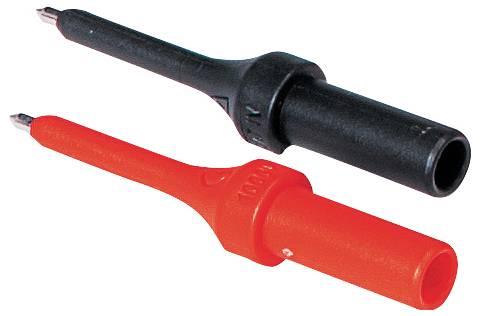Un connecteur de crocodile noir et rouge côte à côte, souvent utilisé pour des tests électriques.