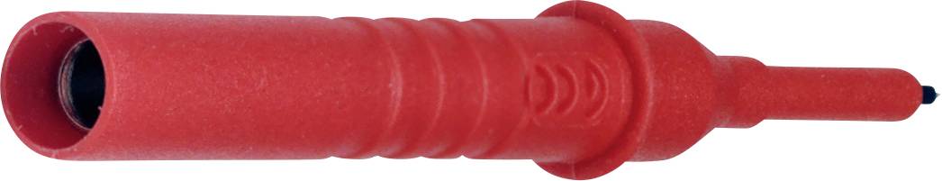 Fiche de mesure rouge avec surface striée et collerette de protection, adaptée aux applications de test électrique.