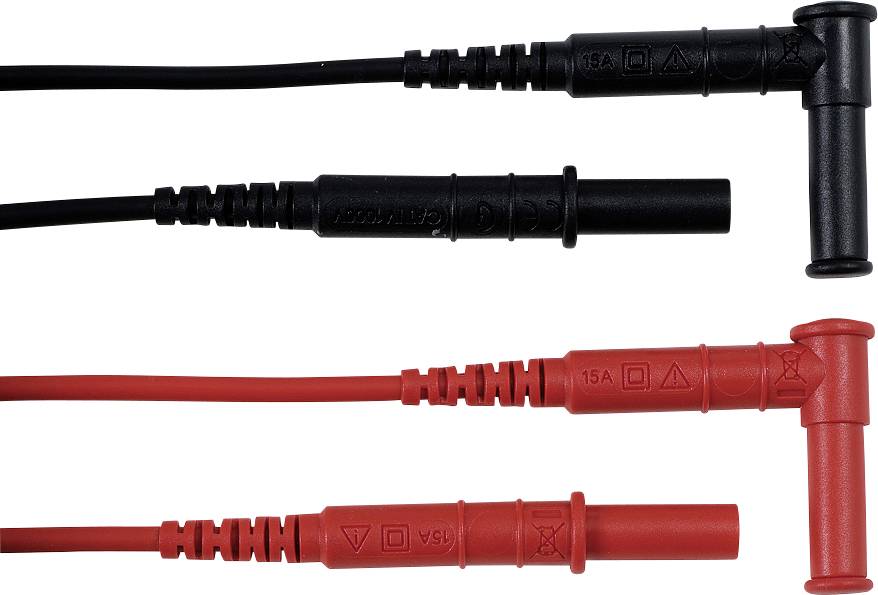 Deux câbles avec des fiches noires et rouges, typiquement utilisés pour des appareils électroniques de mesure comme les multimètres servant à tester des circuits électriques.