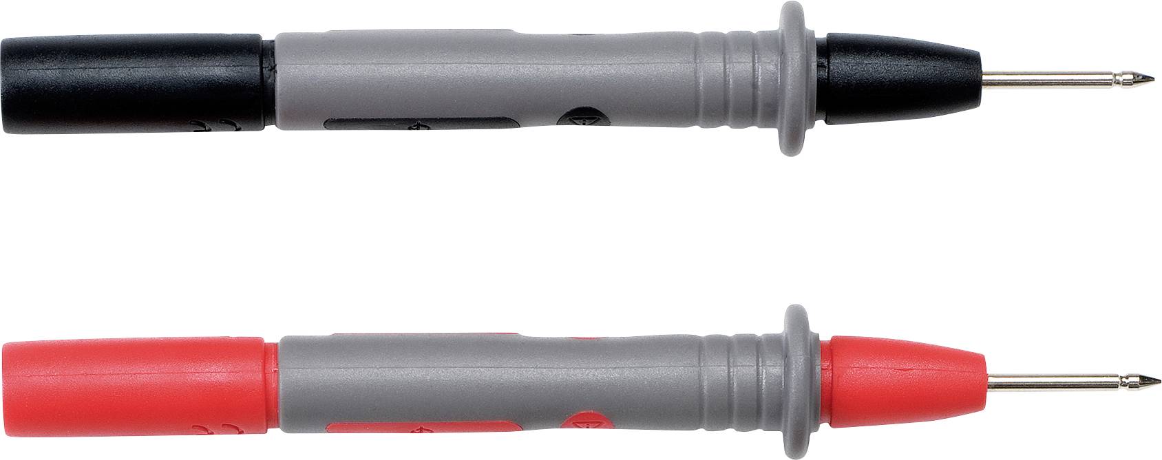 Deux fils de mesure pour multimètre, noir et rouge. Ils sont munis de pointes métalliques pour les tests électriques et disposent d'un codage couleur pour les différencier.
