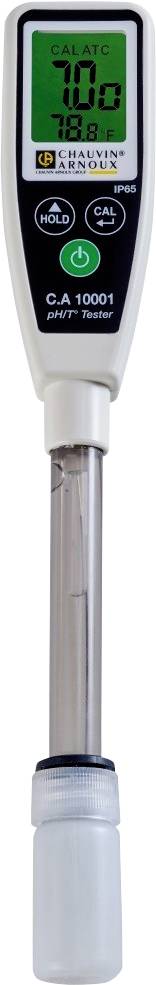 Appareil de mesure de pH numérique avec écran, affichant 'SALT' et une valeur. Corps blanc et maniable avec sonde en acier inoxydable et touches de calibration.