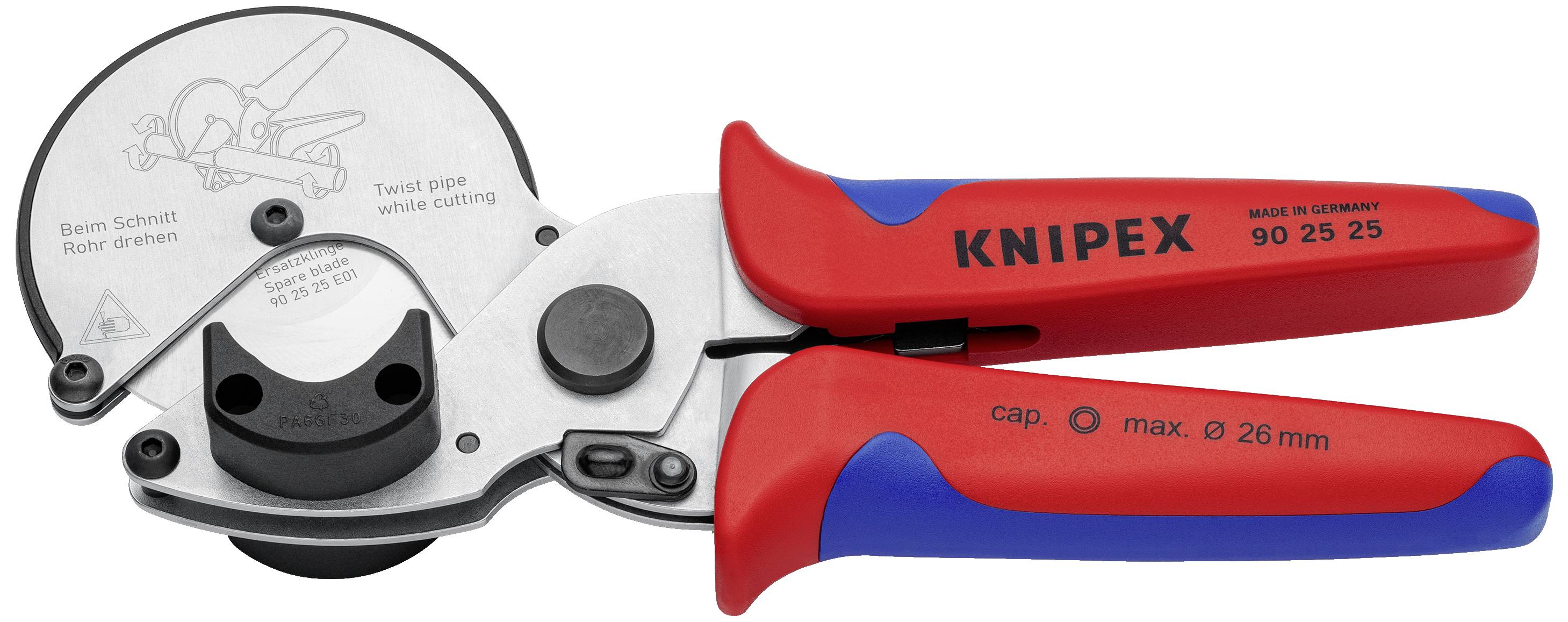 Un coupe-tubes Knipex avec poignée rouge et bleue, adapté pour couper des tubes jusqu'à 26 mm de diamètre. Type 90 25 25.