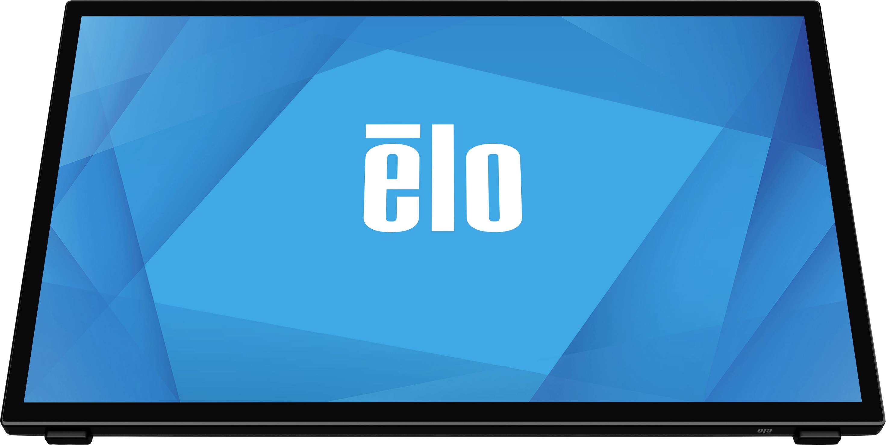 Un écran avec un fond bleu et le logo 'elo' blanc au centre.