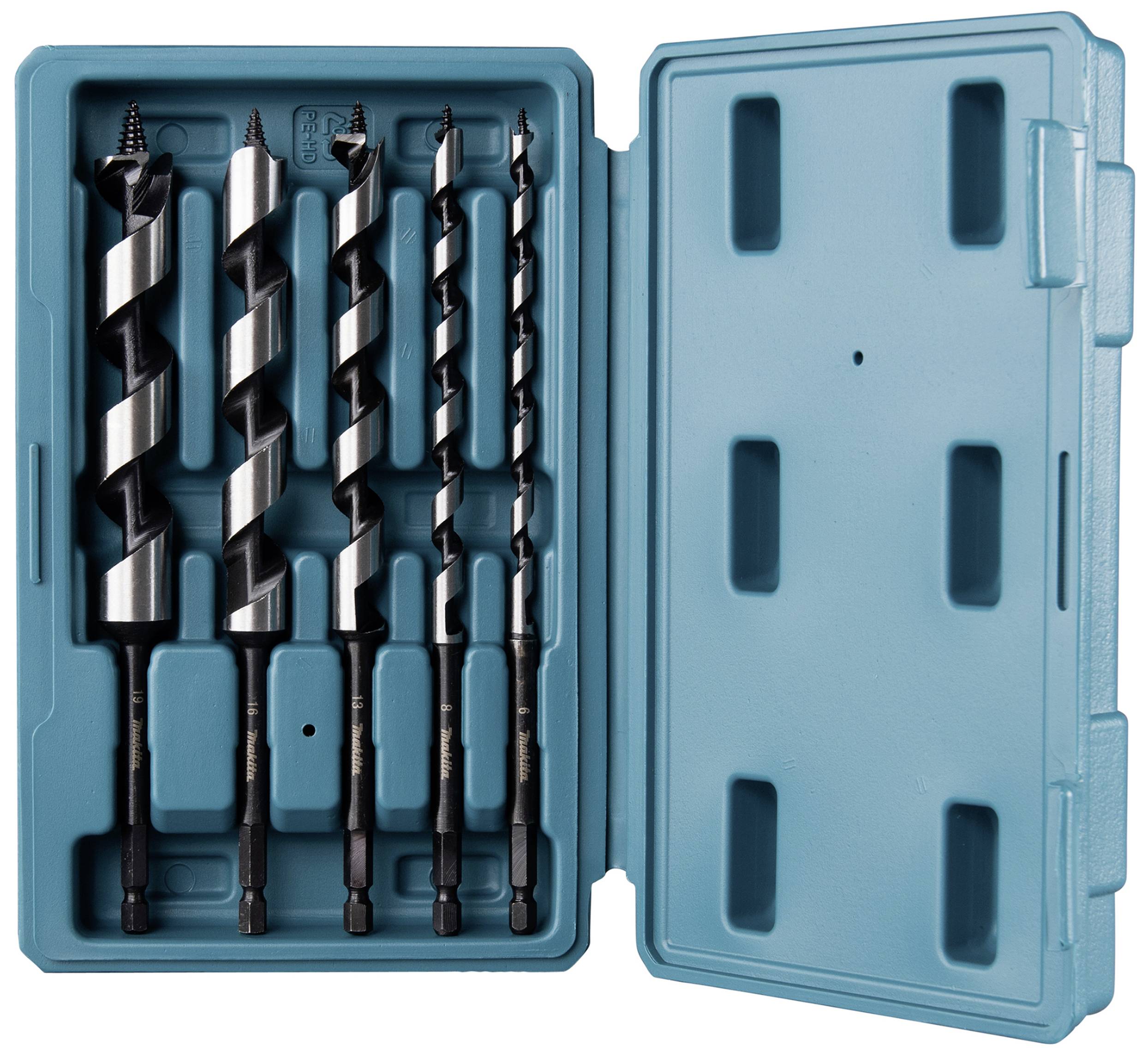 Boîte à outils contenant cinq forets à bois de différentes tailles, organisés dans un étui en plastique bleu.