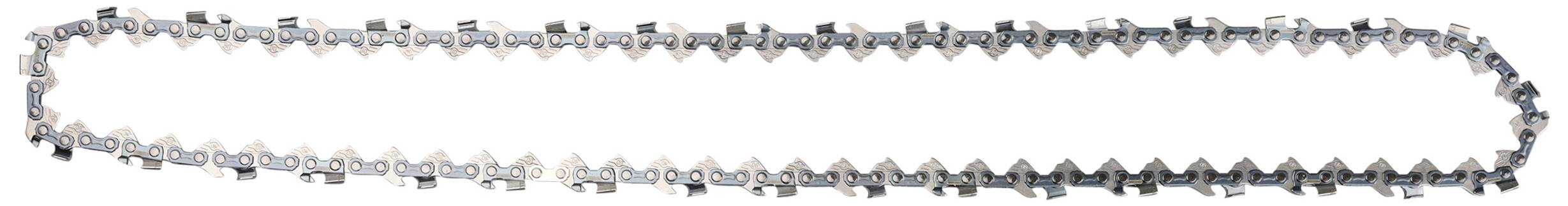 Une chaîne de tronçonneuse avec des dents tranchantes, disposée en forme ovale, sur un fond blanc.