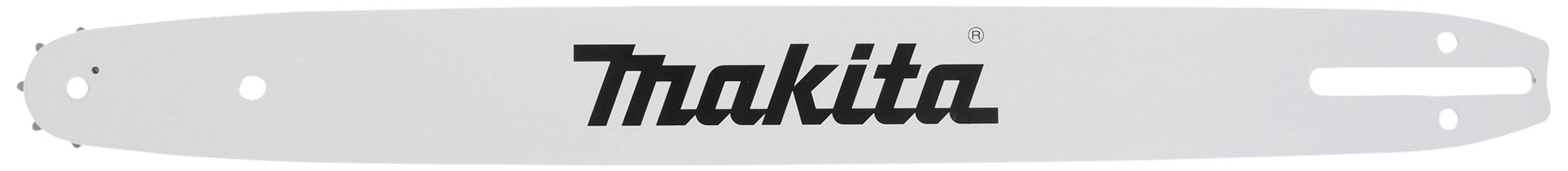 Guide-chaîne de tronçonneuse avec logo 'Makita', conçu pour des coupes précises.