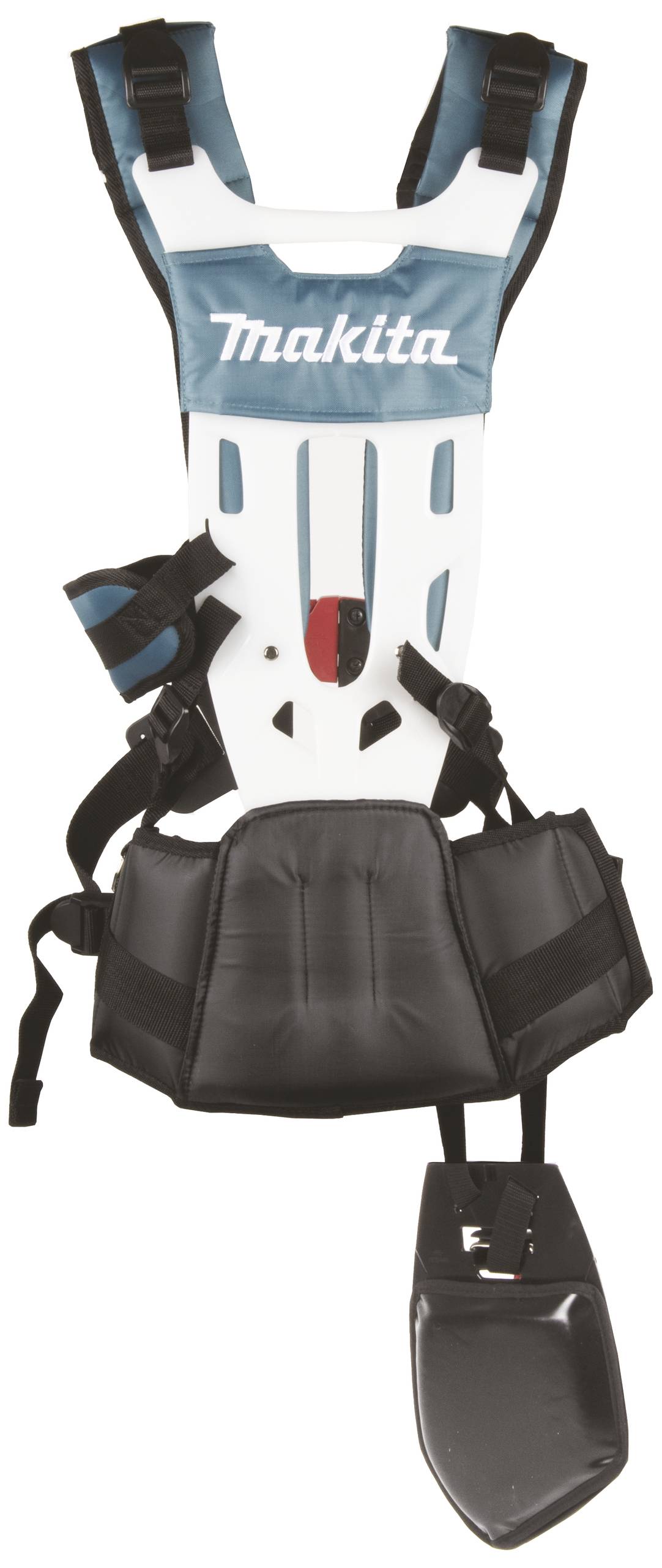Harnais de sécurité avec ceinture de hanches noire et bretelles, protection dorsale blanche et accents bleus. Nom de marque 'Makita' sur la poitrine.