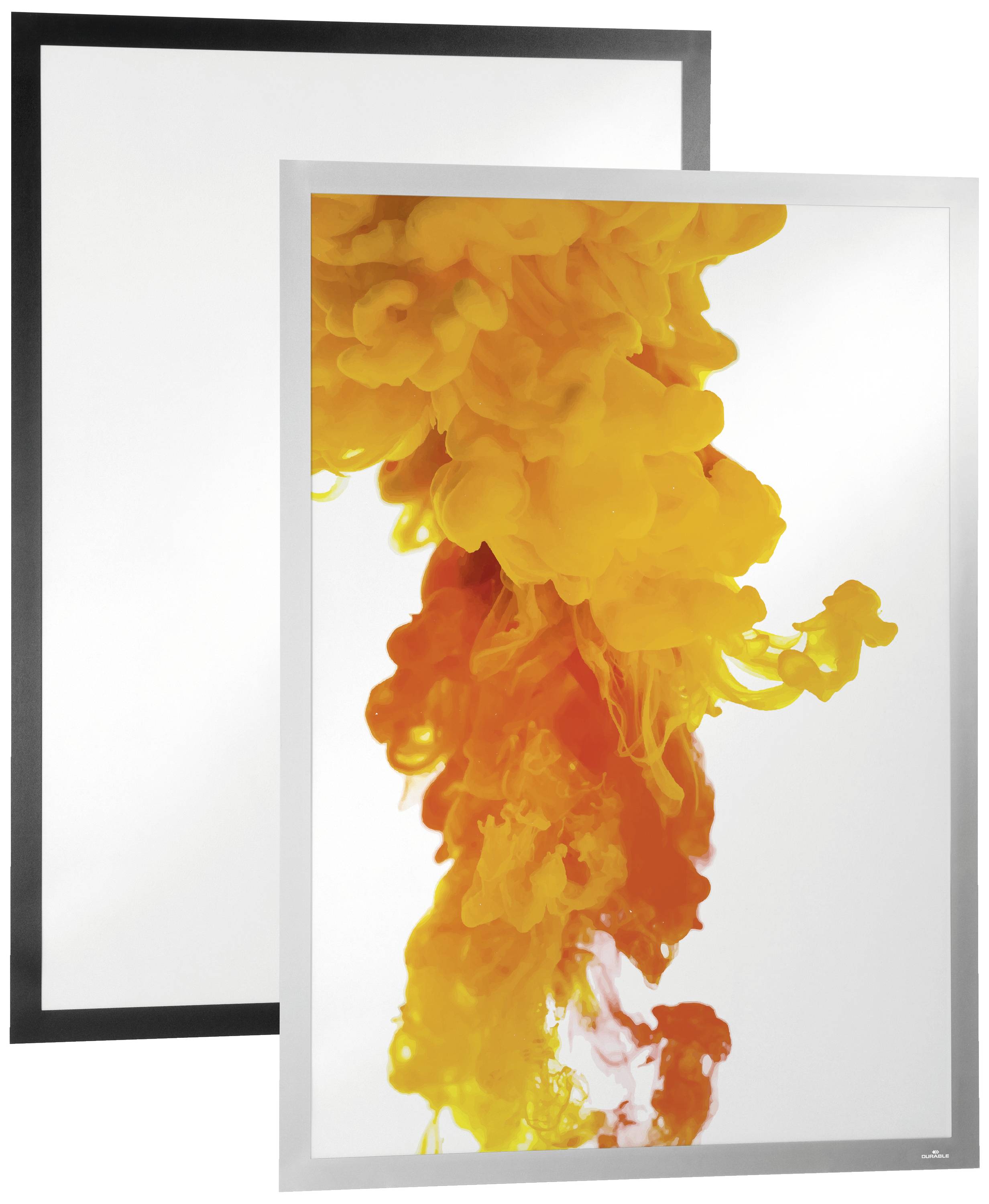 Deux cadres se chevauchent, l'un avec un bord noir et l'autre avec un bord blanc. Dans le cadre blanc, une vague de couleurs vibrante jaune et orange.