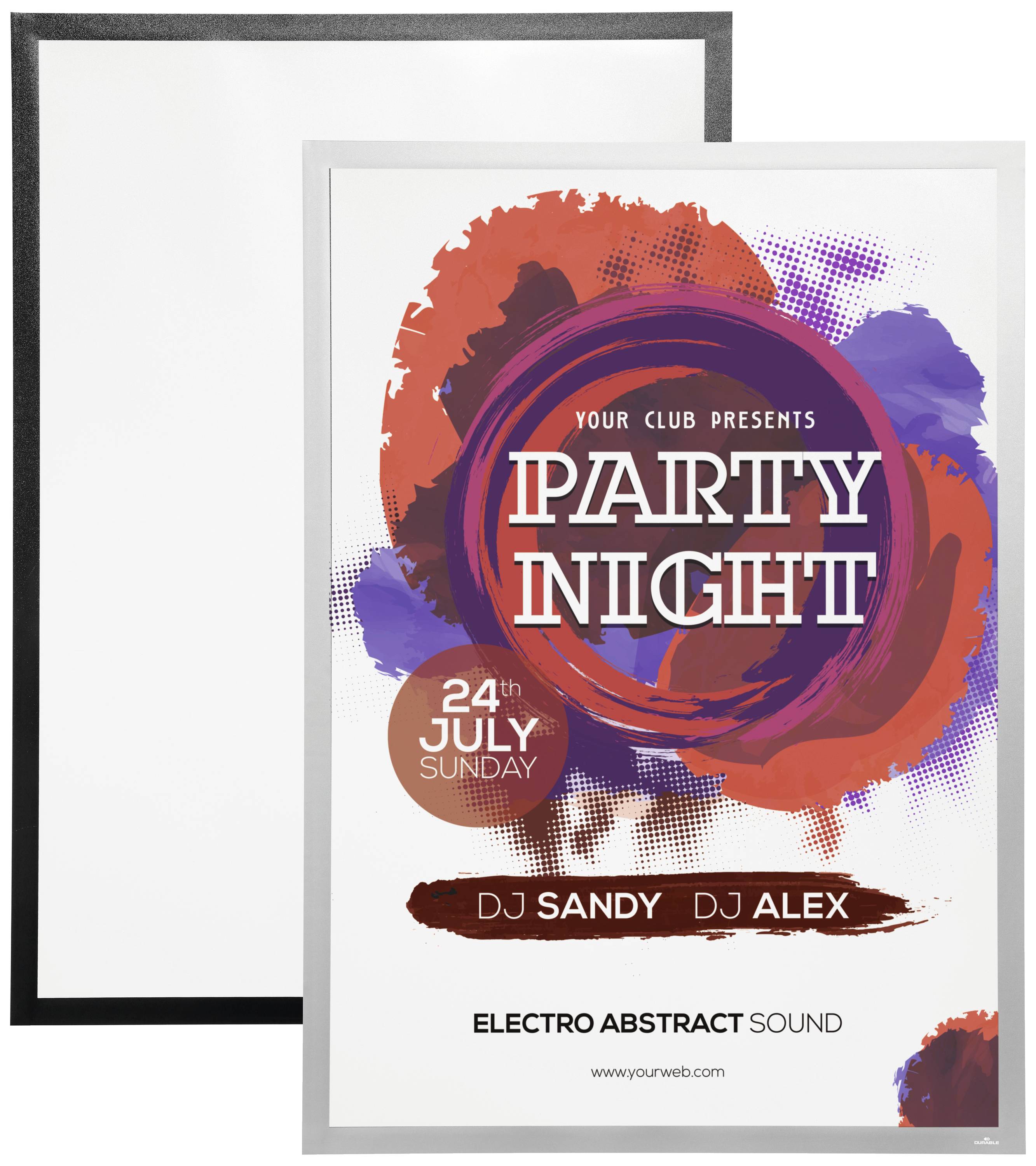 Affiche avec 'Party Night' en grandes lettres, date '24 juillet', DJs Sandy et Alex mentionnés, événement de musique électronique.