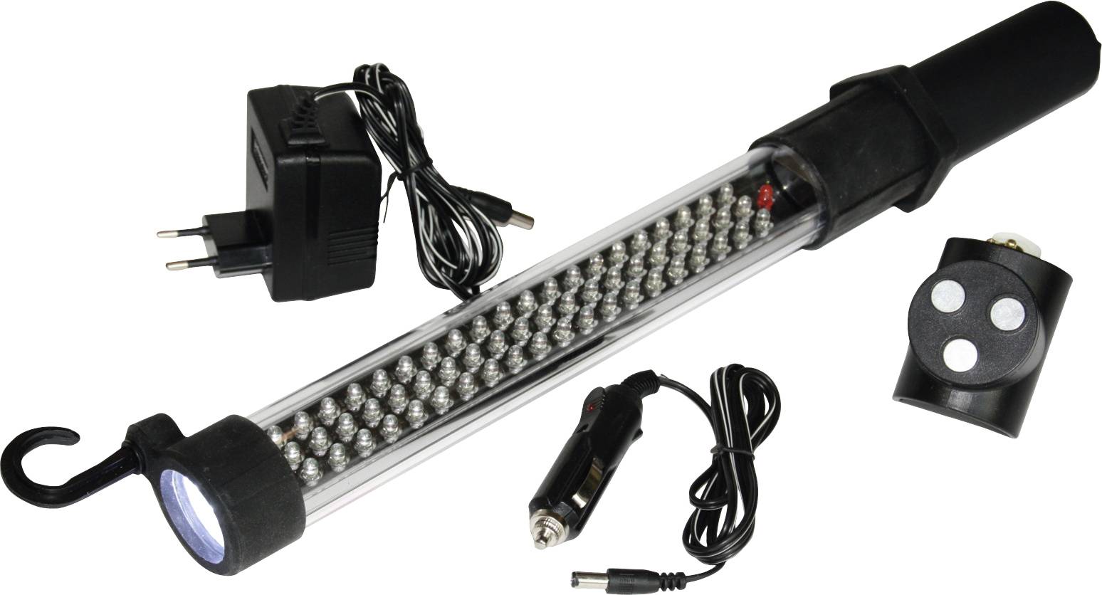 Lampe de travail LED avec adaptateur secteur et chargeur de voiture. Convient aux applications d'atelier ou à un usage domestique. Comprend un crochet de suspension.