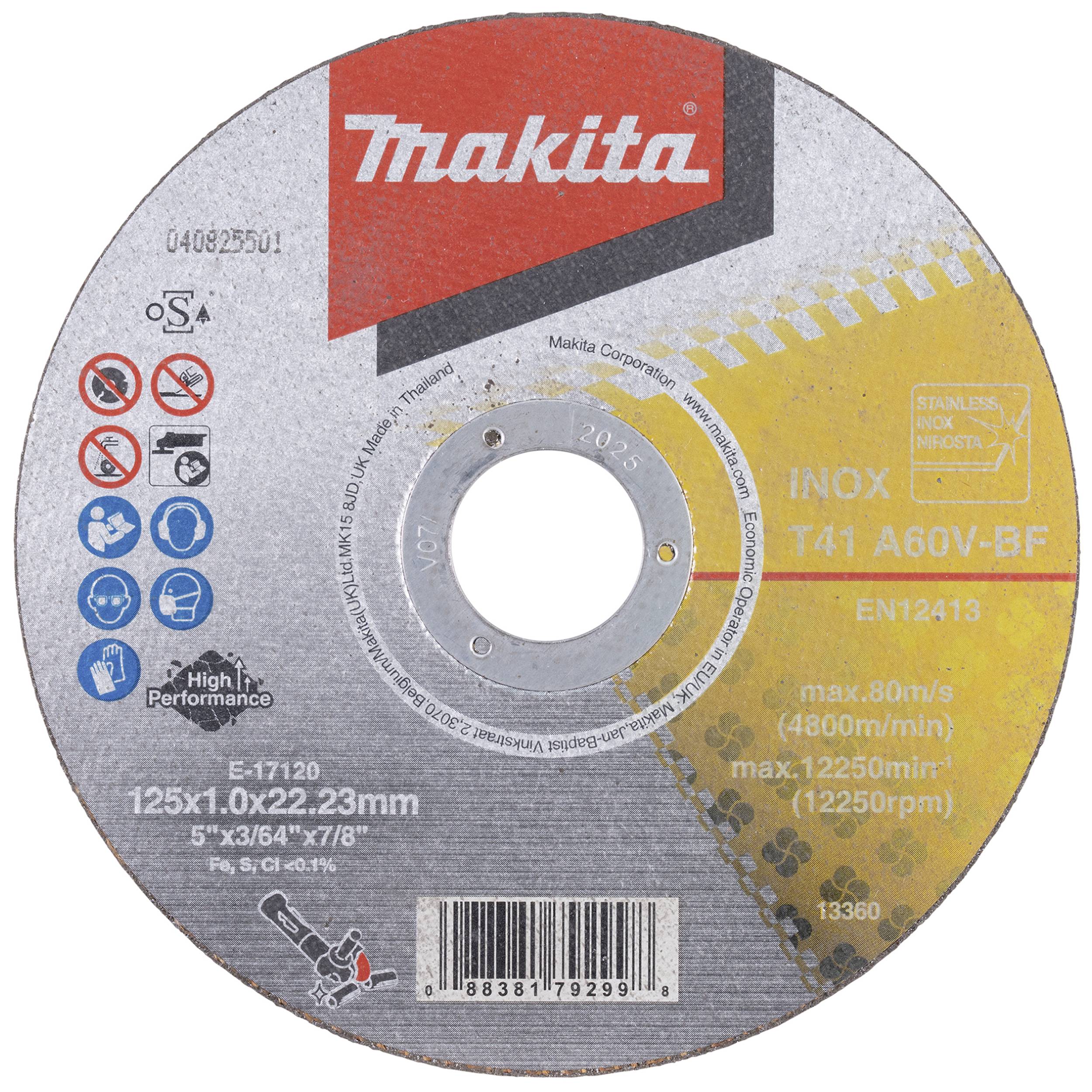 Disque à tronçonner Makita pour métal, Inox T41 A60V-BF, diamètre 125 mm, vitesse max. 80 m/s, 12250 tr/min. Haute performance pour acier inoxydable.