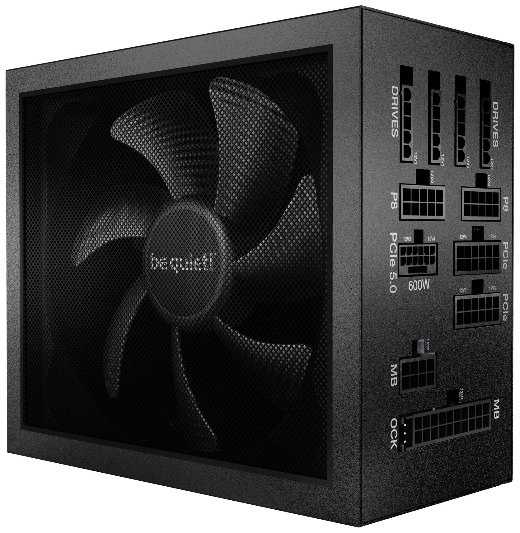 Bloc d'alimentation PC noir avec ventilateur et plusieurs connecteurs pour lecteurs, P8, PCIe, carte mère et OCK à l'arrière.