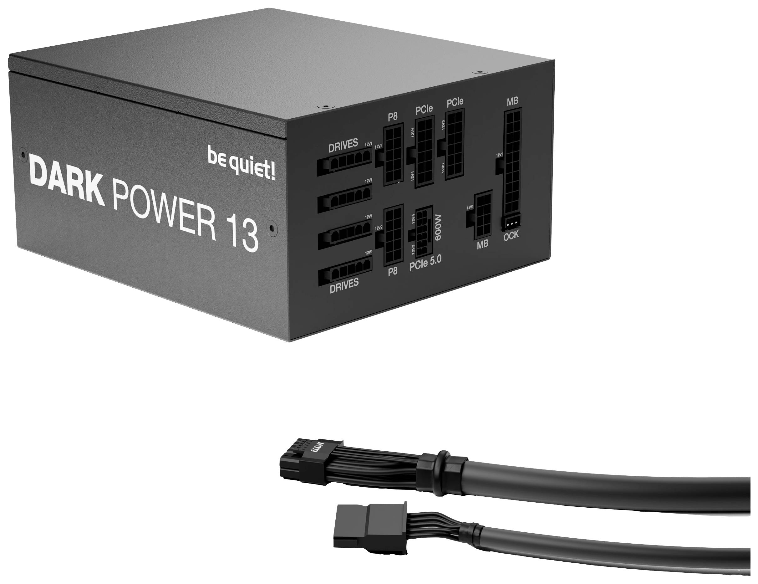 Bloc d'alimentation noir 'be quiet! Dark Power 13' avec plusieurs connecteurs pour composants PC, incluant DRIVES, PCIe et MB. Câbles fournis.