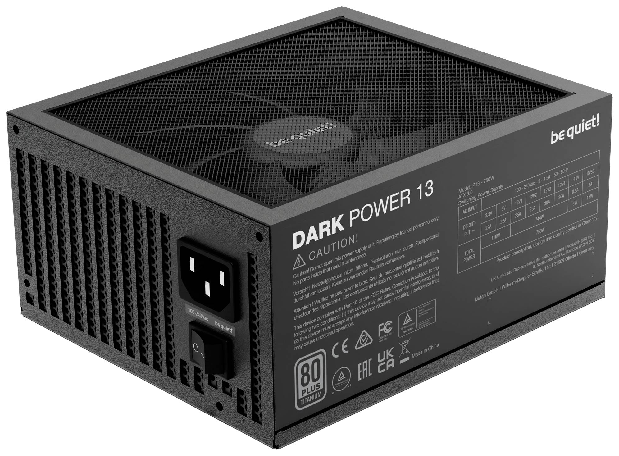 Bloc d'alimentation PC noir 'Dark Power 13' de be quiet! avec ventilateur et certification 80 PLUS Titanium, présentant divers connecteurs et spécifications.