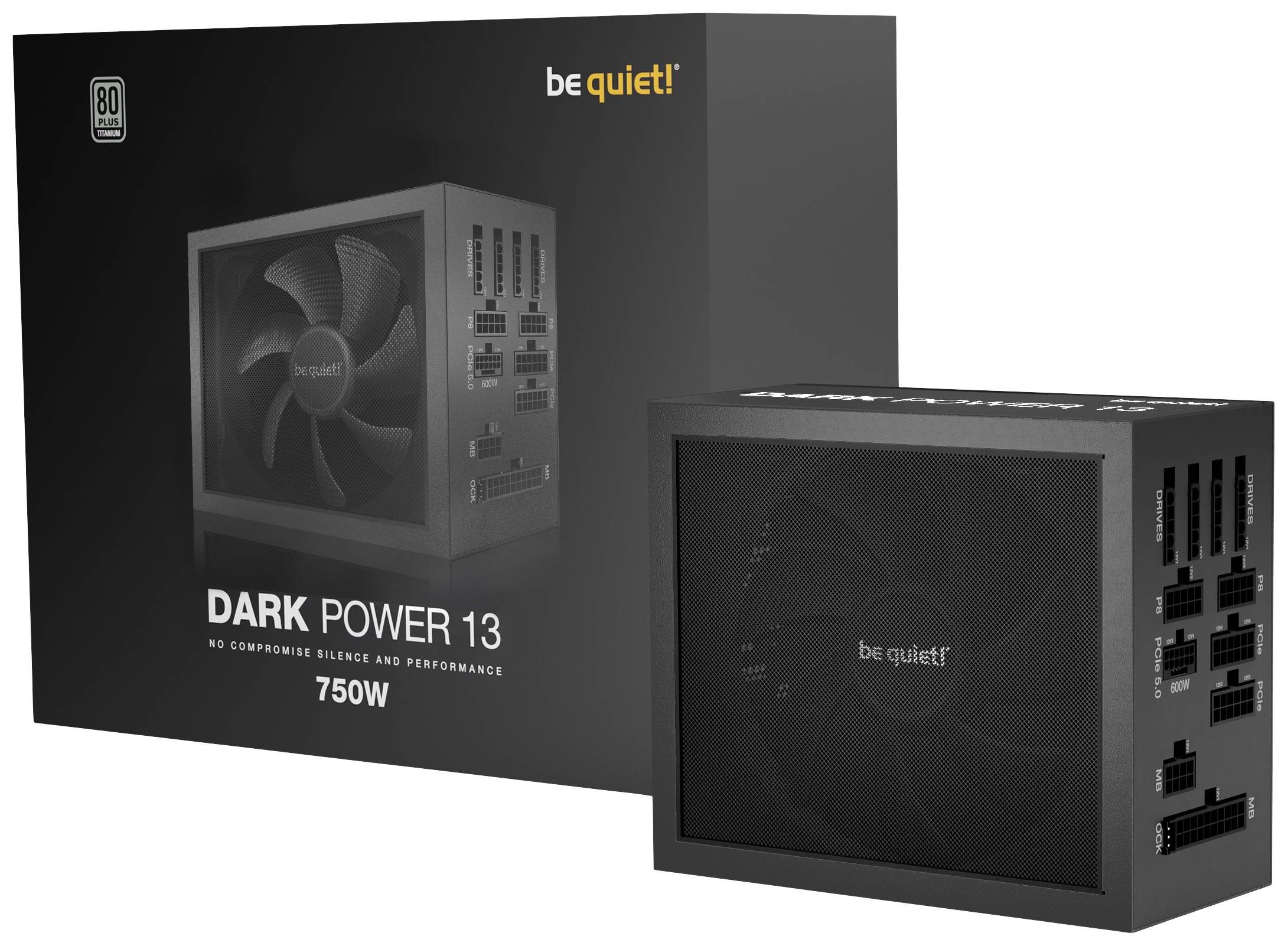 Voici un bloc d'alimentation be quiet! Dark Power 13 de 750W. Le bloc d'alimentation et son emballage sont visibles, mettant en avant son caractère extrêmement silencieux et sa grande puissance.