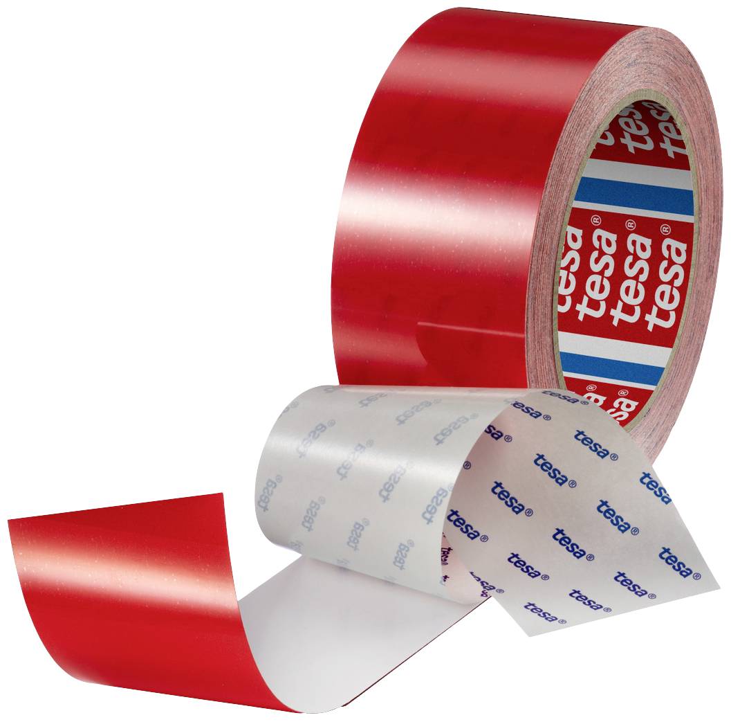 Rouleau de ruban adhésif double face de marque tesa, partiellement déroulé, avec l'impression 'tesa' visible sur la face intérieure.