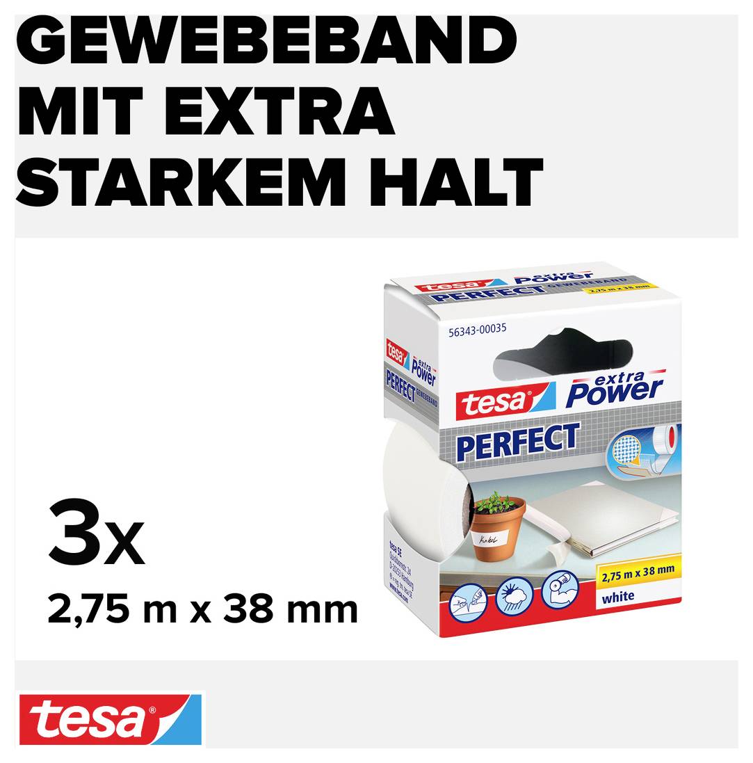 Ruban adhésif avec une adhérence particulièrement puissante. Illustration d'un emballage de 'tesa extra Power Perfect'. Contenu : 3 rouleaux, 2,75 m x 38 mm, blanc.