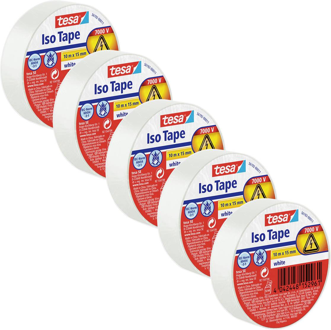 Cinq rouleaux de ruban Tesa Iso Tape sont présentés, chacun étiqueté « Iso Tape, 10 m x 15 mm, blanc » avec un symbole d'avertissement de tension pour 7000V.