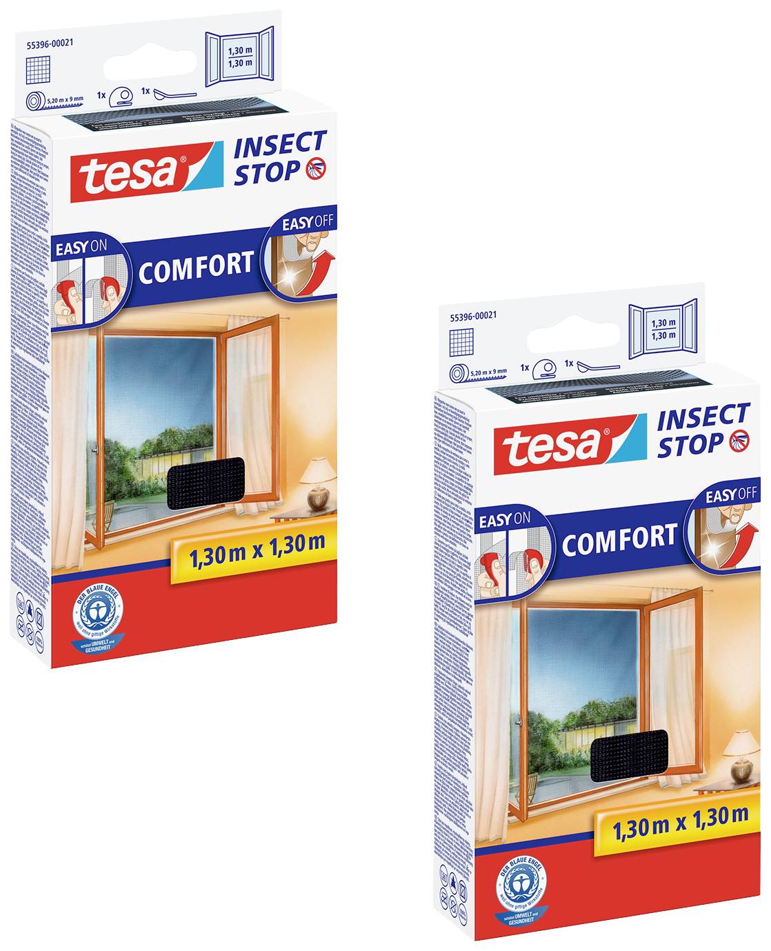 Deux emballages de produits 'tesa Insect Stop'. Montrent une fenêtre avec protection contre les insectes et les dimensions 1,30 m x 1,30 m.