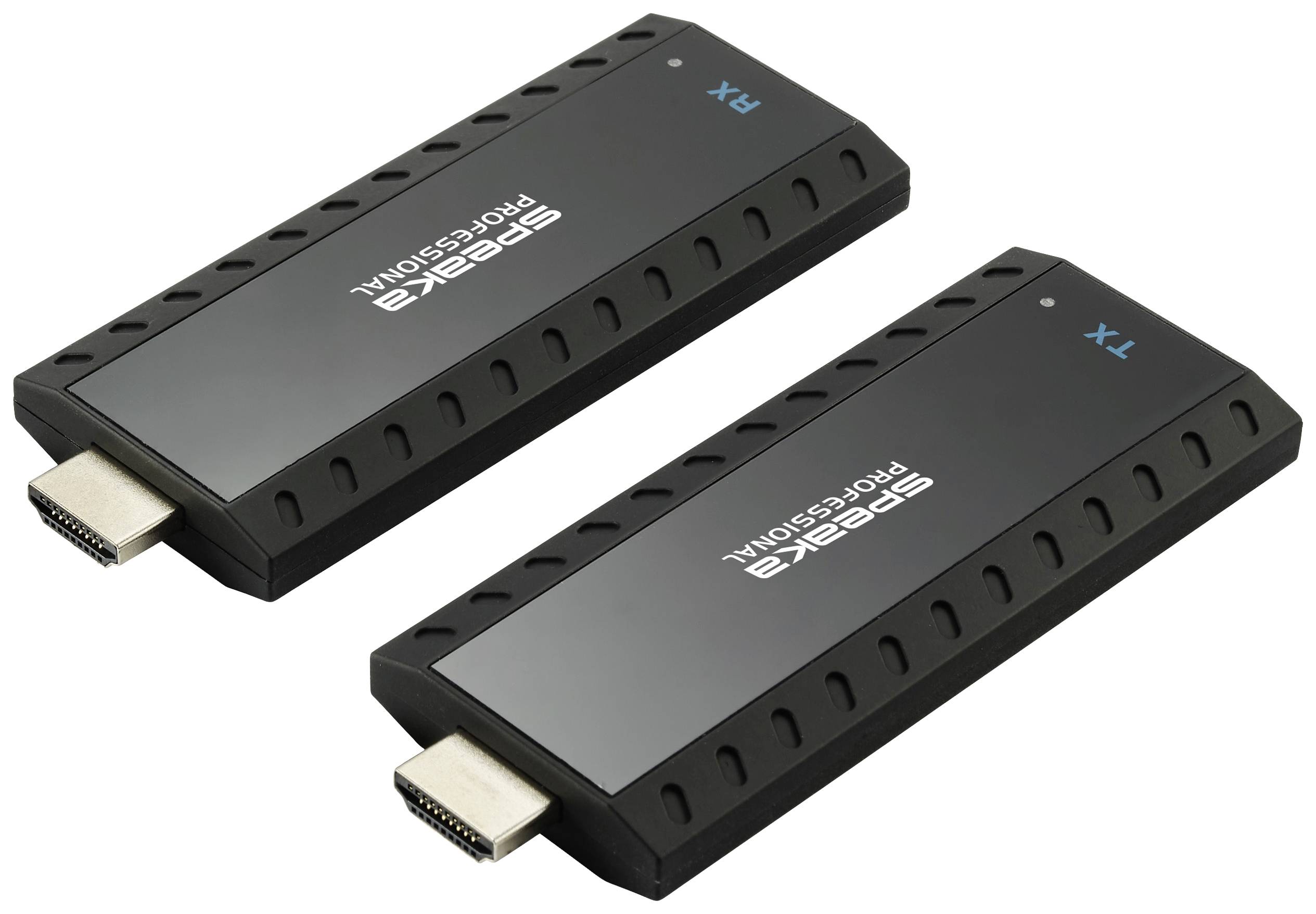 Deux clés HDMI avec logo de profil SPECTRA, noires, sur fond blanc. Adaptées pour la transmission vidéo sans fil.