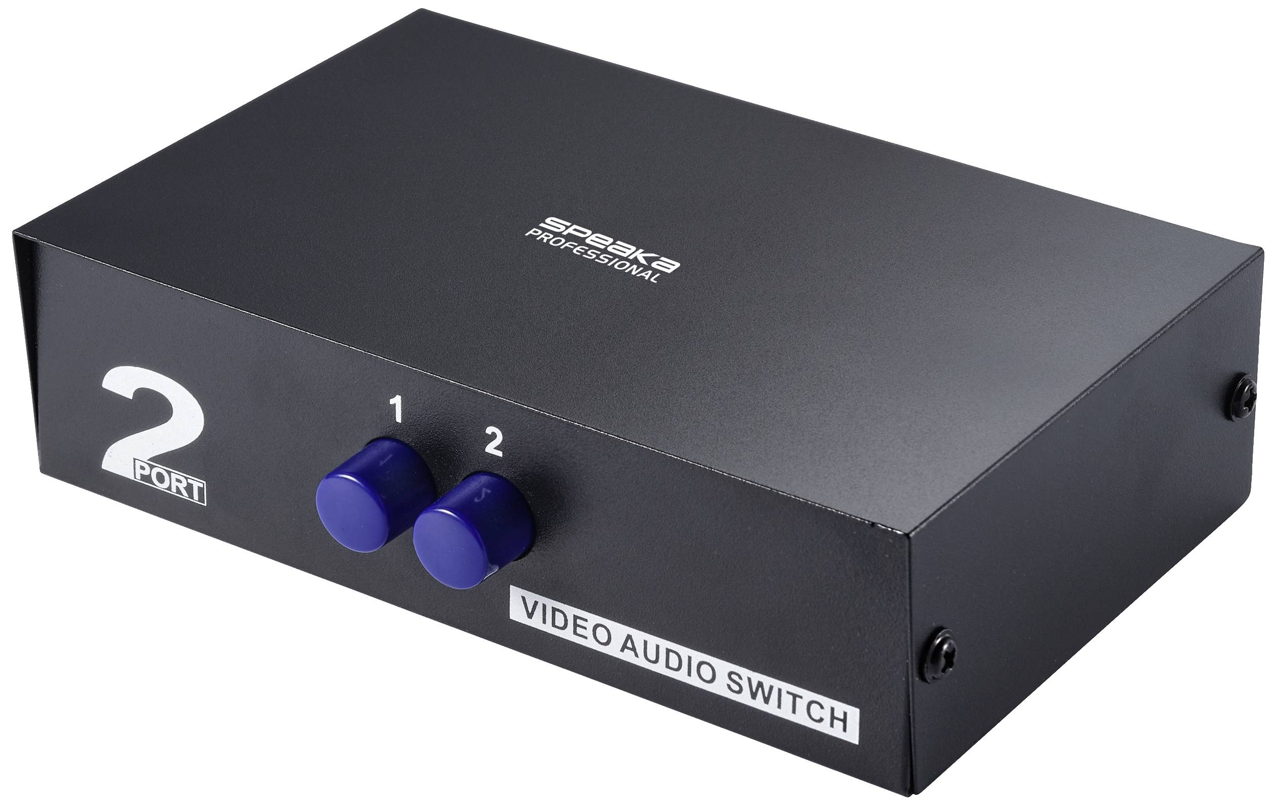 Un commutateur noir vidéo-audio avec deux boutons rotatifs bleus, numérotés 1 et 2, portant l'inscription 'VIDEO AUDIO SWITCH'.