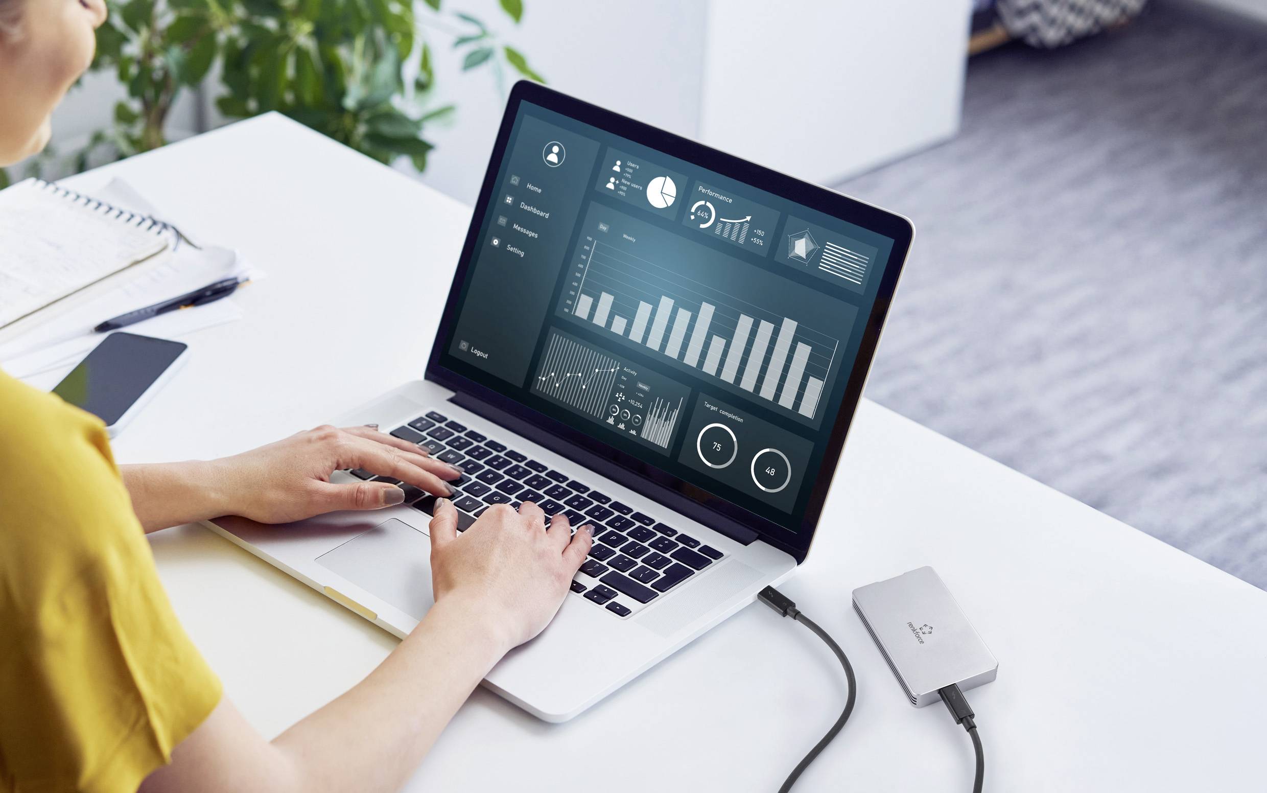 Une personne travaille sur un ordinateur portable avec un logiciel d'analyse commerciale ouvert, affichant des diagrammes et des statistiques.