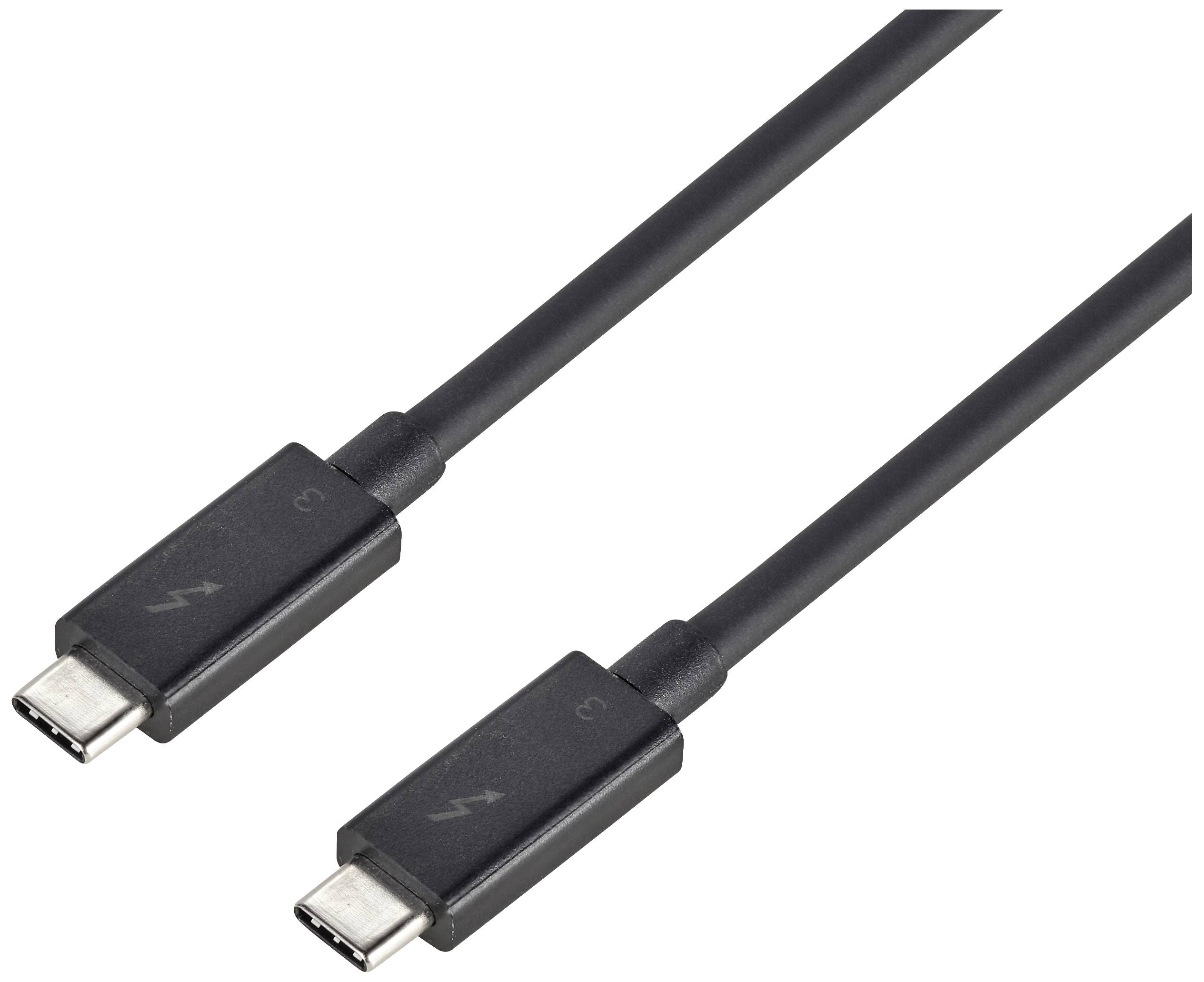Câble USB-C noir avec symbole Thunderbolt sur les deux connecteurs, adapté pour le transfert rapide de données entre des appareils compatibles.