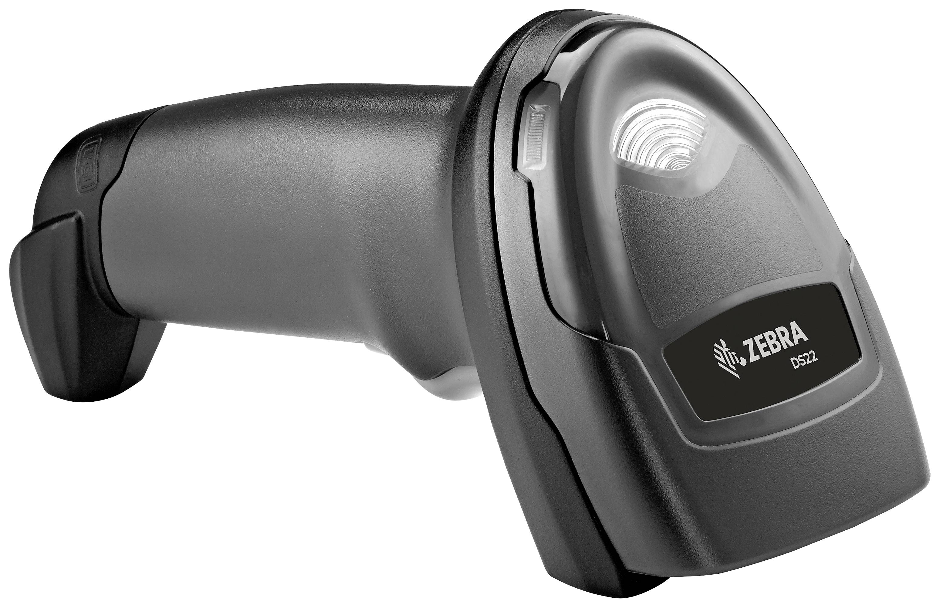Un scanner portable noir avec une poignée ergonomique. Il est étiqueté 'Zebra DS2200' sur sa face avant.