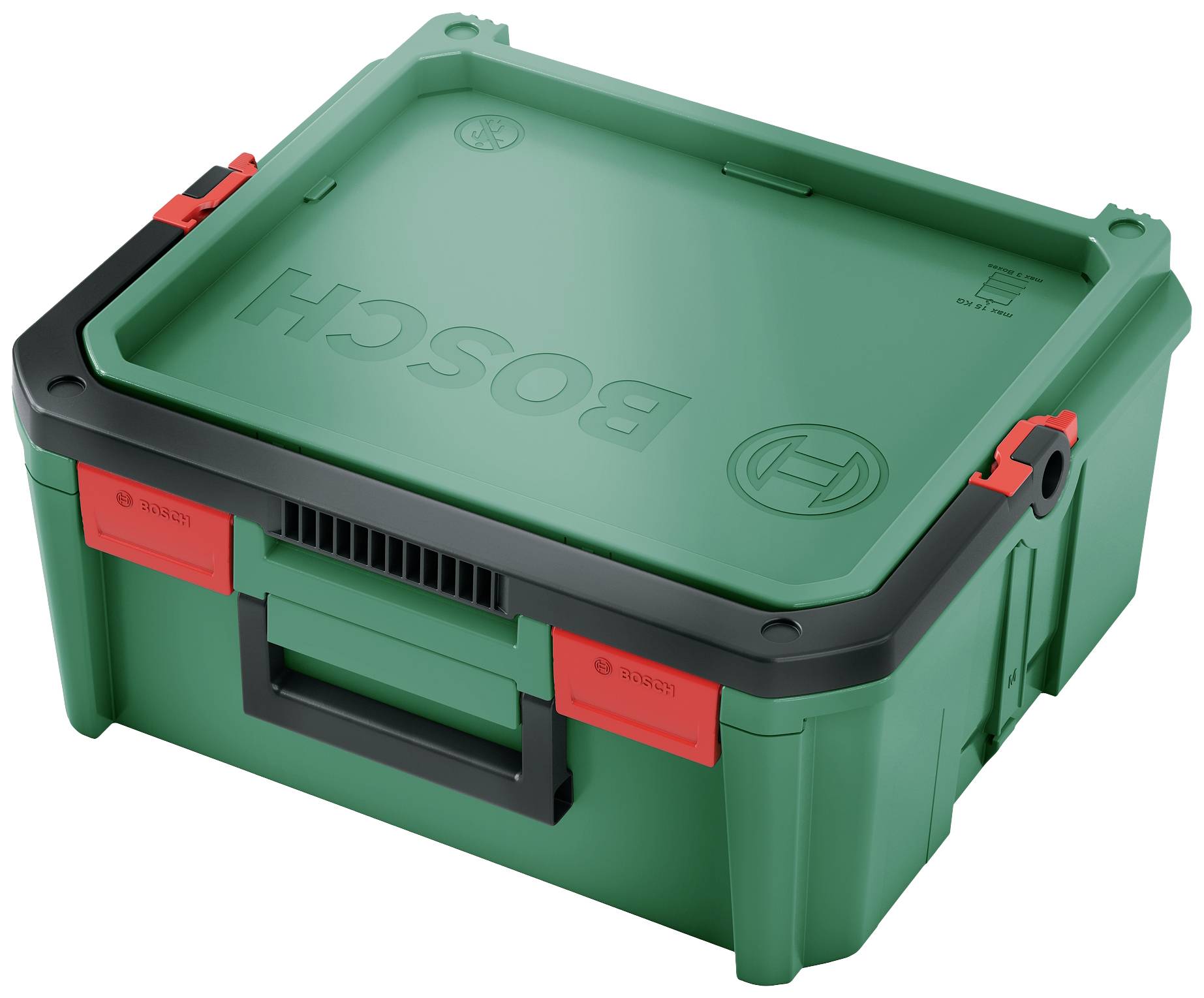 Boîte à outils Grüner Bosch avec fermeture rouge et poignée de transport, adaptée au rangement et au transport des outils.